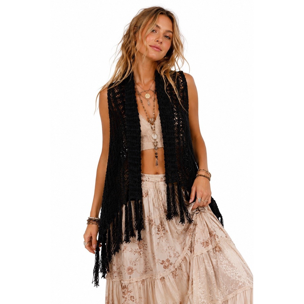 Knit Crochet Kimono Vest Festival Whimsigoth Fairy Open Cover Up Fringe Boho